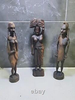 X3 Vintage Handcrafted Wooden Women / Man Figurine Indian, Afric Traditional Deco