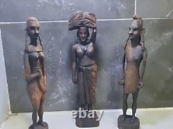 X3 Vintage Handcrafted Wooden Women / Man Figurine Indian, Afric Traditional Deco