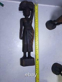 X3 Vintage Handcrafted Wooden Women / Man Figurine Indian, Afric Traditional Deco