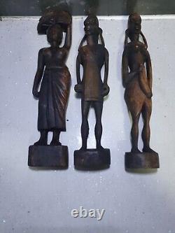 X3 Vintage Handcrafted Wooden Women / Man Figurine Indian, Afric Traditional Deco