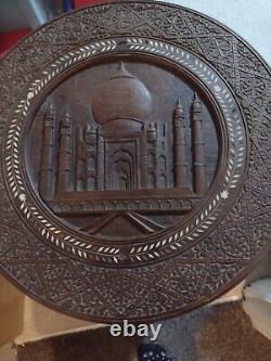 Ancien Indien Sculpté Incrusté Table Latérale Vintage Taj Mahal Octogonal Plis Plat