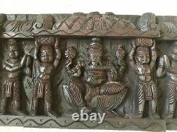 Ancien Panneau Mural Sculpté En Bois Hindu Dieu Ganesh Laxmi Saraswati Décor Antique