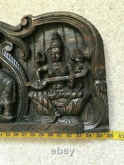 Ancien Panneau Mural Sculpté En Bois Hindu Dieu Ganesh Laxmi Saraswati Décor Antique