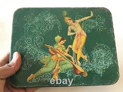 Ancien Vieux Vieux Dieu Religieux Hindou Dansant Krishna Litho Imprimer Adv Tin Box
