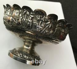 Ancien Vintage Indien Scenic Figural Solid Silver Flûte Pedestal Bowl Dish