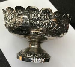 Ancien Vintage Indien Scenic Figural Solid Silver Flûte Pedestal Bowl Dish