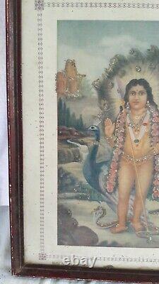 Ancien Vintage Old Jigna Imprimer Hindu Lord Muruga Avec Peacock Estate Decor F-27