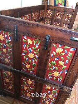Ancienne Banquette Indienne En Bois Dur Dowry Chest Seat Painted