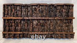 Ancienne Vintage Asian Wood Relief Carving Plaque Figurines Hindu Lakshmi 18x9