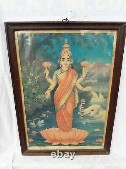 Ancienne Vintage Litho Imprimer Hindu Goddess Lakshmi Rosewood Châssis Mural Décor