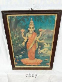 Ancienne Vintage Litho Imprimer Hindu Goddess Lakshmi Rosewood Châssis Mural Décor