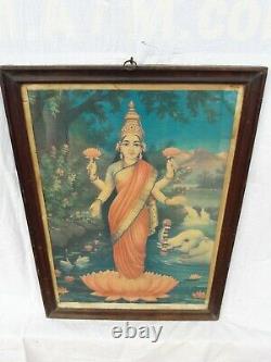 Ancienne Vintage Litho Imprimer Hindu Goddess Lakshmi Rosewood Châssis Mural Décor