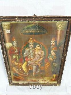 Ancienne Vintage Litho Imprimer Hindu Seigneur Ram Sita Lakshman Hanuman Wall Homedecor