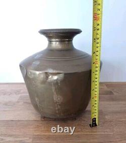 Ancienne Vintage Rare Fait Main Unique Pot / Vase en Laiton Lourd avec une Patine Riche