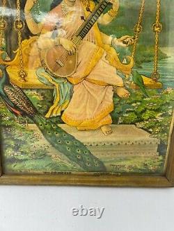 Ancienne Vintage Vieille Imprimé Déesse Religieuse Saraswati Carrosserie Decor Mural Nh5932