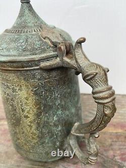 Ancienne carafe, pot, cruche, bouilloire en cuivre cachemiri indien du 19ème siècle Vintage