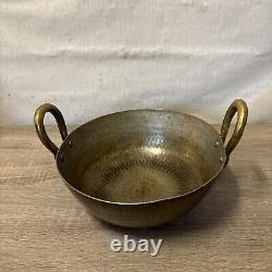 Ancienne poêle de cuisine en laiton martelé indien vintage rare Kadhai / Kadai