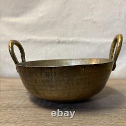 Ancienne poêle de cuisine en laiton martelé indien vintage rare Kadhai / Kadai