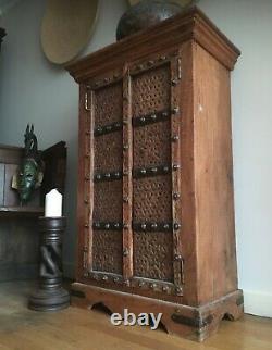 Antique Indian Sheesham Cabinet Vintage Carved Studded Cupboard Asiatique
