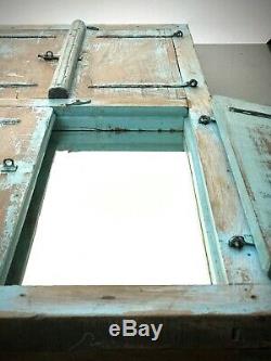 Antique Indian Shuttered Fenêtre Miroir. Ancien. Rare Version Double. Baby Blue