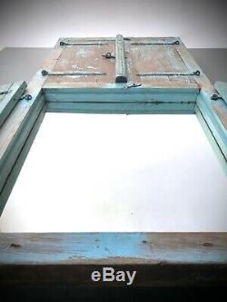Antique Indian Shuttered Fenêtre Miroir. Ancien. Rare Version Double. Baby Blue