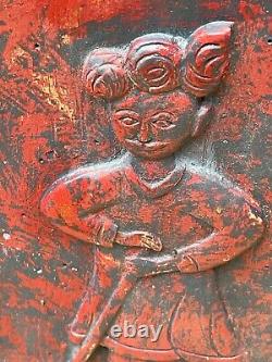 Antique Indien Relief En Bois Photo Deity Figure Fleurs Carving À La Main Vintage 2