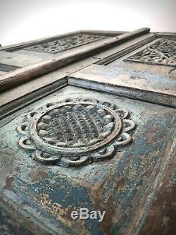 Antique Indiens Portes. Volets De Teck Finement Sculpté. Vintage Rajasthan. Sarcelle