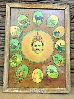 Antique Old Raja Ravi Varma Dwadasha Rash, le Zodiaque Vintage Indien Dieu Hindou