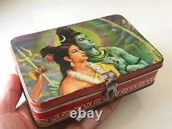 Antique Old Vintage Hindu Religieux Dieu Shiv Parwati Litho Imprimer Adv Tin Box