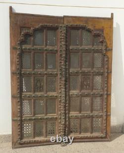 Antique Temple Porte En Bois En Laiton Jali Handmade Indian Vintage Collection / Décor