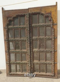 Antique Temple Porte En Bois En Laiton Jali Handmade Indian Vintage Collection / Décor