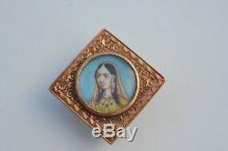 Antique Victorienne Peinte À La Main Bouton Portrait Miniature Princesse Indienne Stud Vtg