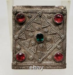 Antique Vintage Argent Indien Sud-est Asiatique Pierre Ruby Emerald Carte Case