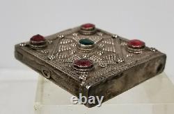 Antique Vintage Argent Indien Sud-est Asiatique Pierre Ruby Emerald Carte Case