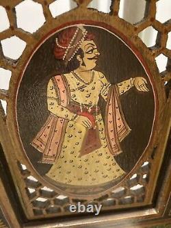 Antique Vintage Hand Painted Indian Rajasthani 4 Écran De Panneau