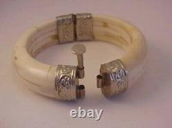 Antique Vintage India Cow Bone Sterling Silver Hinged Pull Pin Bangle Bracelet