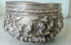 Antique / Vintage Indian / Birman Silver Bowl- Scènes Du Temple- 4 1/2 X 3 Pouces