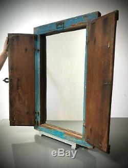 Antique Vintage Indian Shuttered Fenêtre Miroir. Ancien. Turquoise, Bleu Bébé