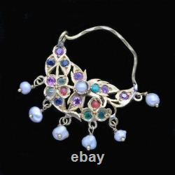 Antique Vintage Nez Anneau Nath 22k Or Gems Rubies Perles Corail Indien (6437)