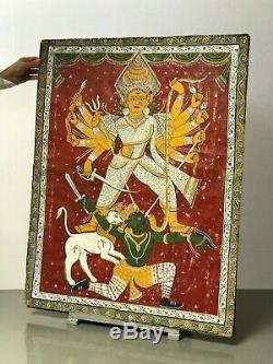 Antique Vintage Peinture Indienne Sur Toile. Épopée Hindoue, Durga Tueur Mahishasur