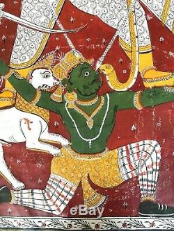 Antique Vintage Peinture Indienne Sur Toile. Épopée Hindoue, Durga Tueur Mahishasur