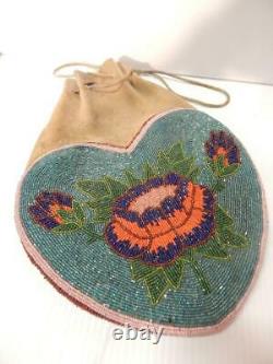 Antique Vintage Yakima Plateau Perles Indiennes Des Deux Côtés Panel Sac Forme Coeur