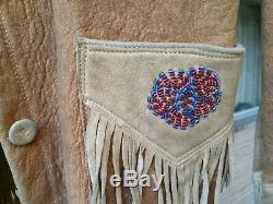 Antique Vtg En Cuir Et Perles Fringe Amérindien Veste Ouest