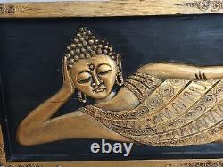 Art mural en bois de grande taille Vintage représentant un Bouddha couché indien thaïlandais moine hindou antique