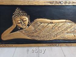 Art mural en bois de grande taille Vintage représentant un Bouddha couché indien thaïlandais moine hindou antique