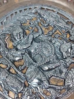 Assiette murale indienne vintage avec Krishna, cuivre argenté ancien