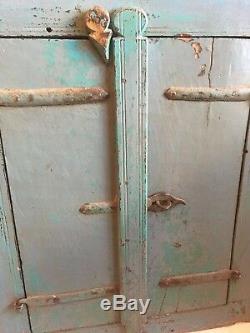 Authentique Shuttered Indien Fenêtre Cadre Miroir Teck Turquoise Distressed Vintage