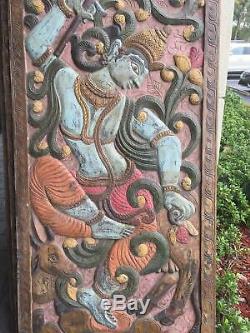 Belle Krishna Sculpté Vintage Bois Mur Sculpture Yoga Indien Porte Barn Door
