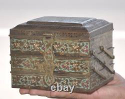 Boîte à bijoux vintage en laiton, artisanale avec incrustation de laque, 3 compartiments, belle patine