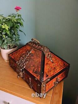 Boîte de dot indienne antique faite à la main en bois peinture murale en laiton boîte à bijoux bibelot
